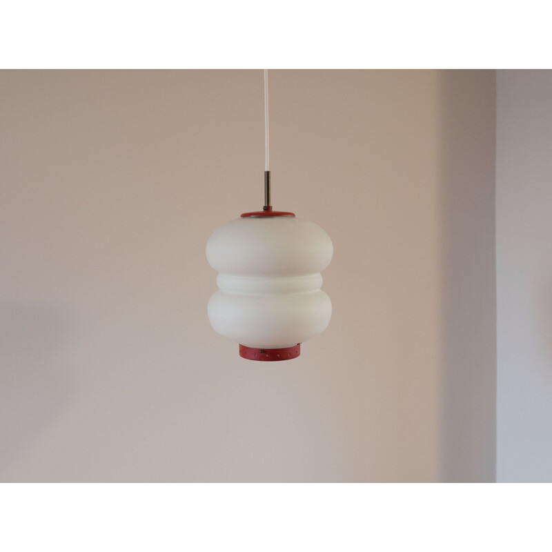 Vintage opaline glass with red accent pendant lamp by Bent Karlby