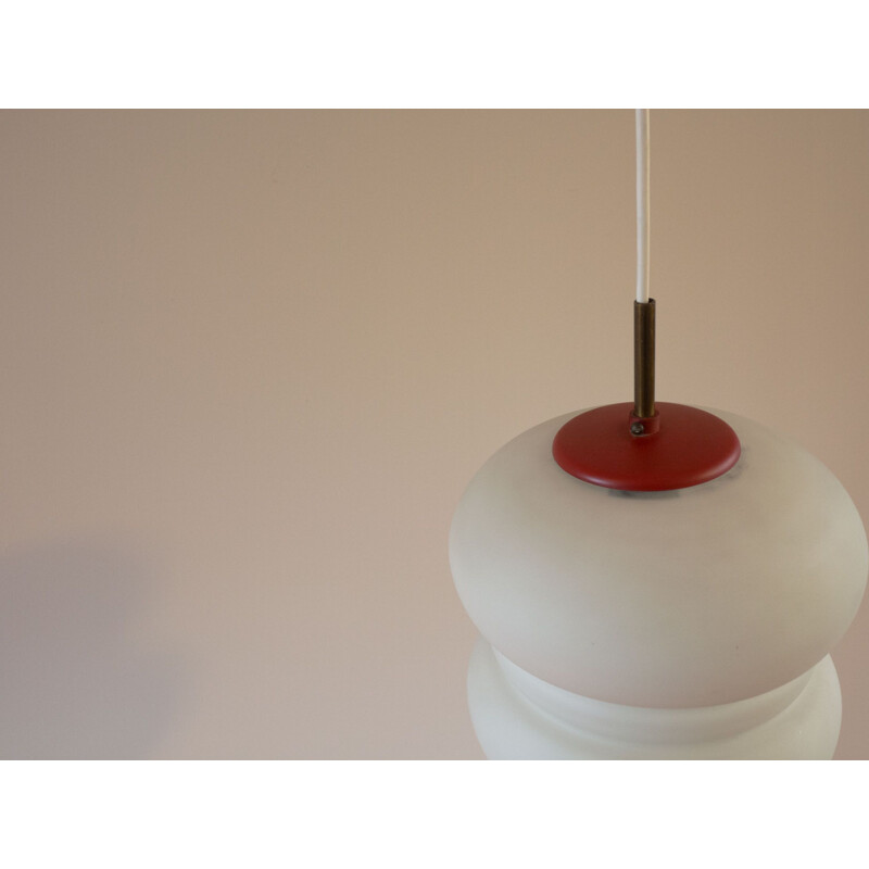 Vintage opaline glass with red accent pendant lamp by Bent Karlby