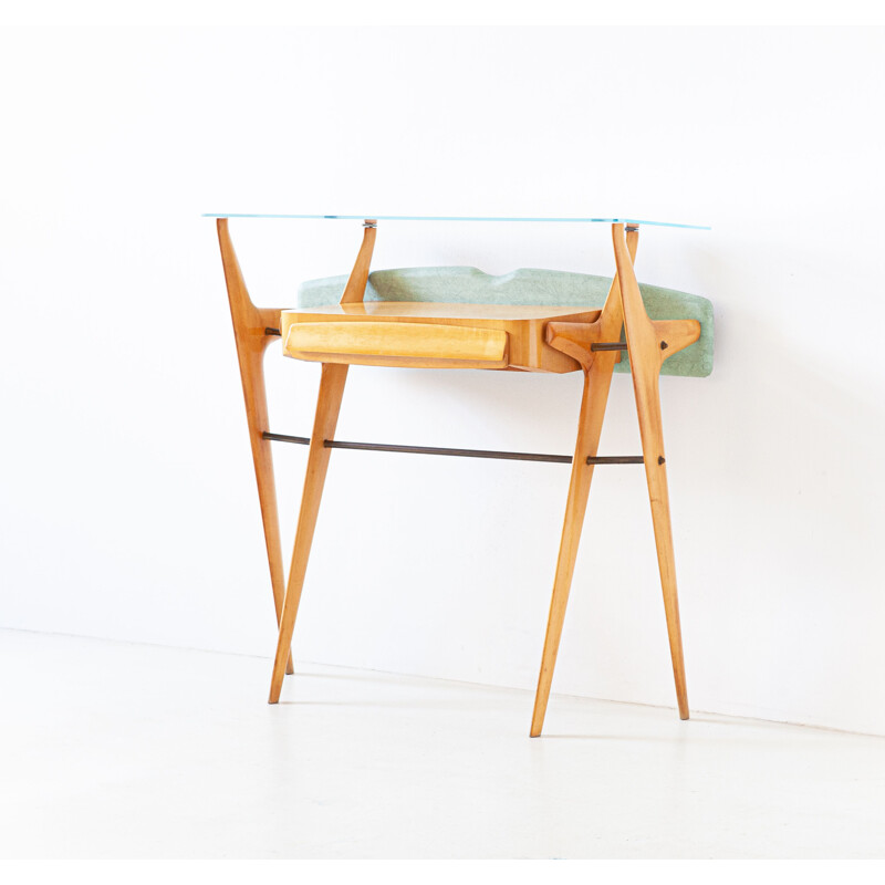 Italian vintage maple console table with glass top, 1950s