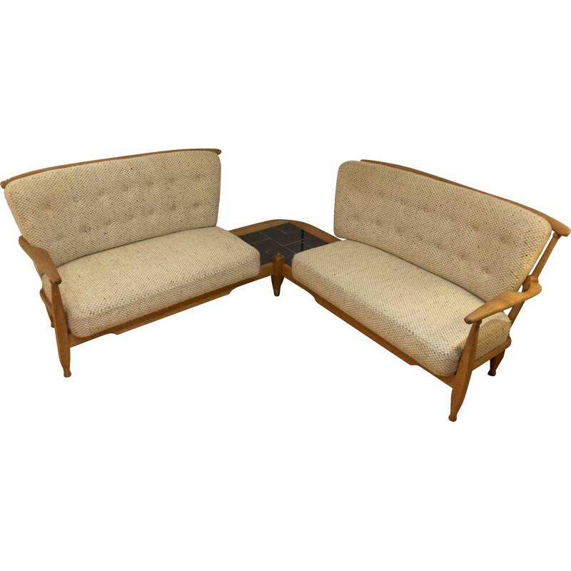 Canapé d'angle en chêne et tissu, GUILLERME et CHAMBRON - 1950