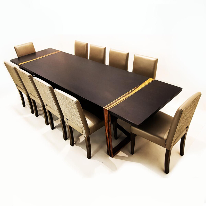 Contemporary vintage dining set in leather and ash wood