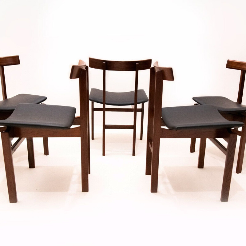 Ensemble de 6 chaises vintage modèle 193 en teck et cuir par Inger Klingenberg pour France & Søn