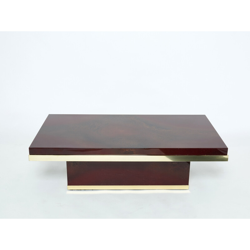 Vintage red lacquer and brass coffee table by Jean Claude Mahey for Roche Bobois, 1970