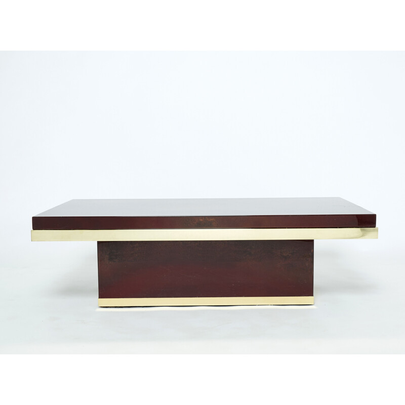 Vintage red lacquer and brass coffee table by Jean Claude Mahey for Roche Bobois, 1970