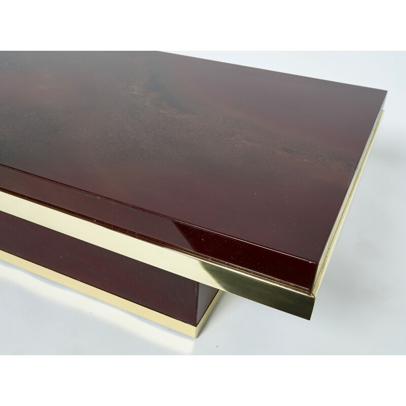 Vintage red lacquer and brass coffee table by Jean Claude Mahey for Roche Bobois, 1970