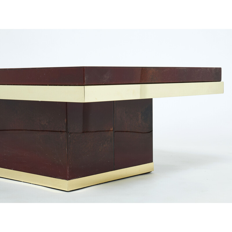 Vintage red lacquer and brass coffee table by Jean Claude Mahey for Roche Bobois, 1970