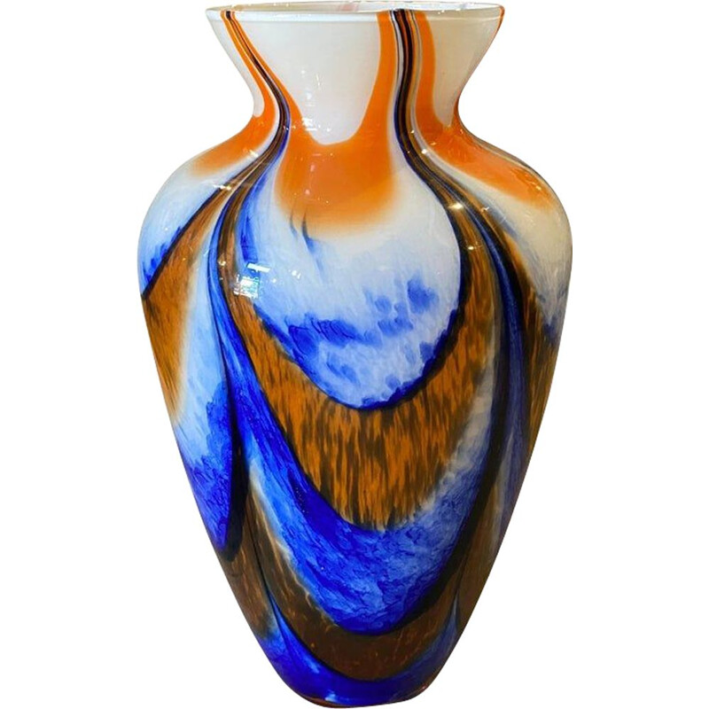 Jarrón vintage de cristal de Murano naranja y azul de Carlo Moretti, 1970