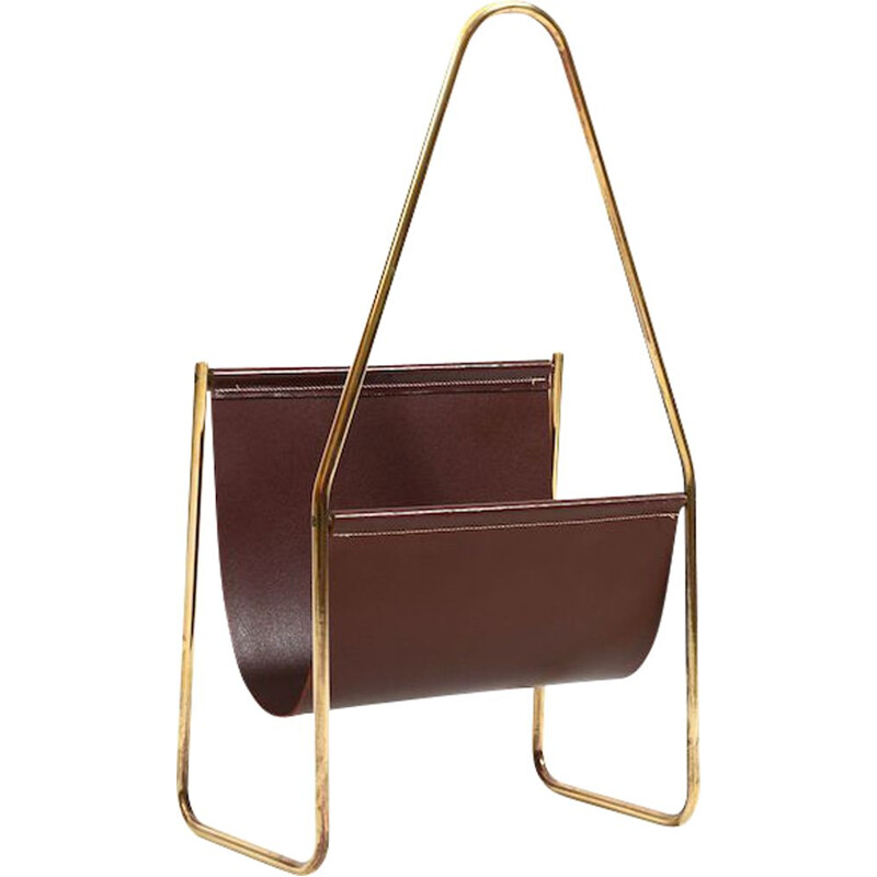 Vintage brass and leather magazine rack by Carl Aubock for Illums Bolighus, Denmark 1950