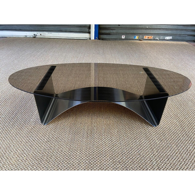 Table basse ovale vintage en verre fumé et inox par François Monnet, 1975