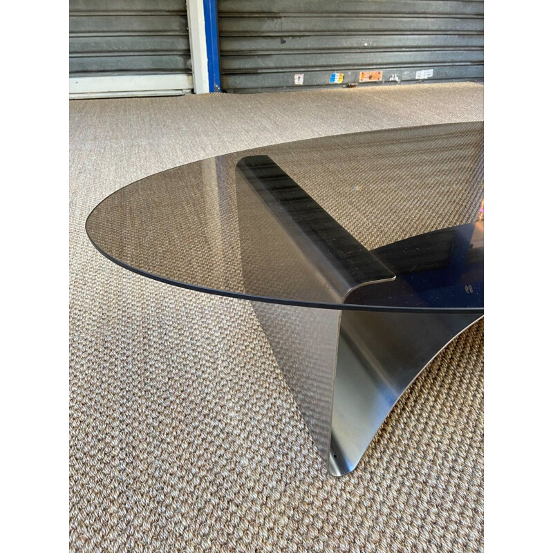 Table basse ovale vintage en verre fumé et inox par François Monnet, 1975