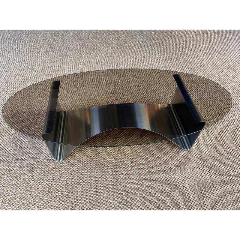 Vintage oval coffee table in smoked glass and stainless steel by François Monnet, 1975