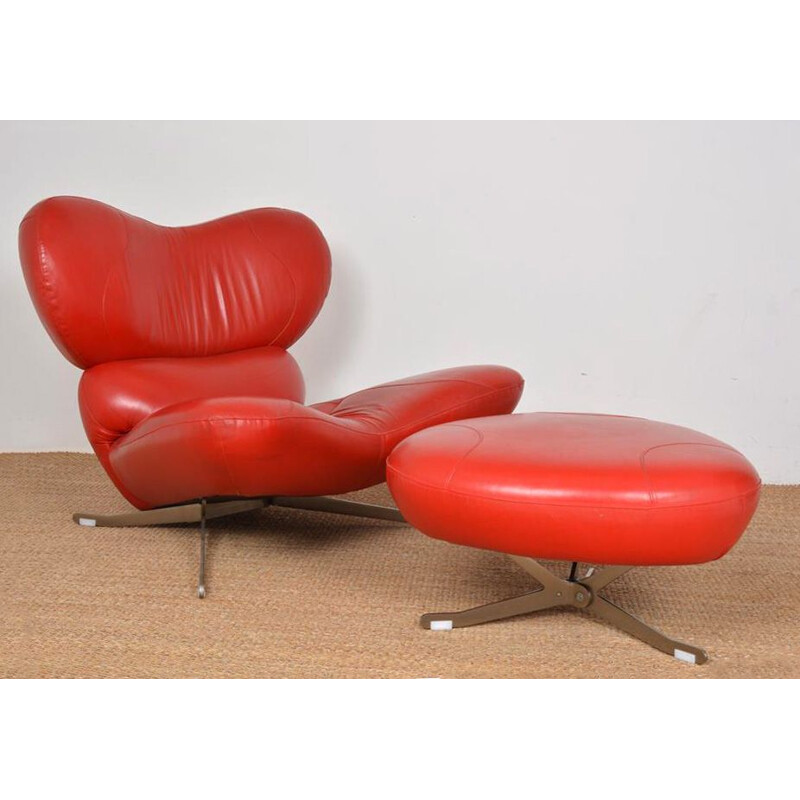 Vintage red leather "Frog Chair" armchair and ottoman by Poltromec, 1980
