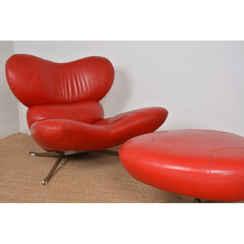 Vintage red leather "Frog Chair" armchair and ottoman by Poltromec, 1980