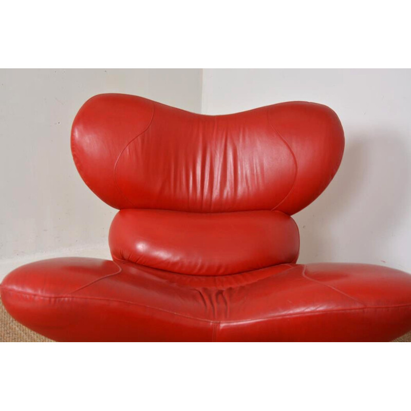 Vintage red leather "Frog Chair" armchair and ottoman by Poltromec, 1980