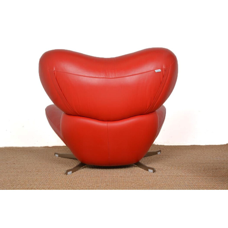 Fauteuil et ottoman vintage "Frog Chair" en cuir rouge par Poltromec, 1980
