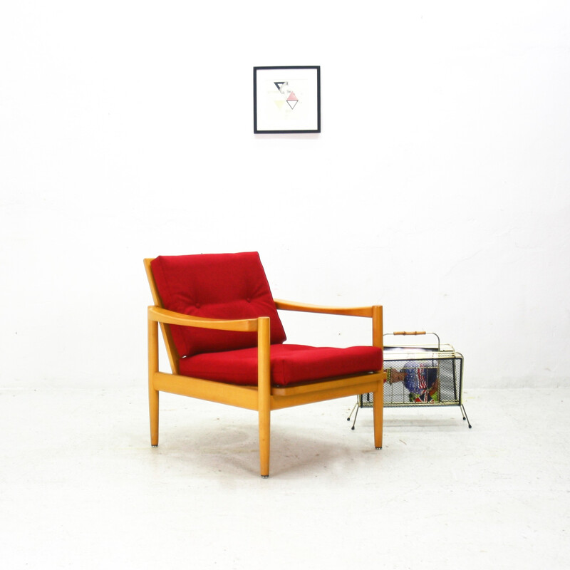 Reupholstered easy chair in beech and red fabric - 1970s