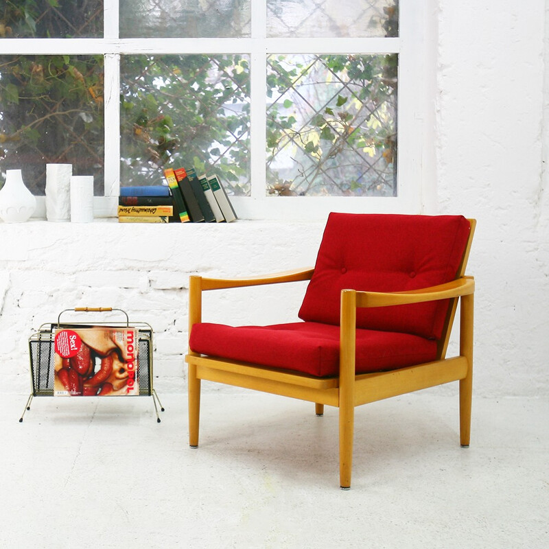 Reupholstered easy chair in beech and red fabric - 1970s