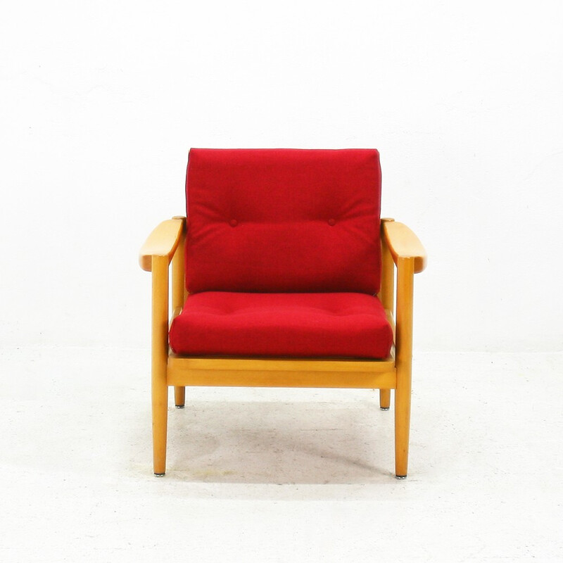 Reupholstered easy chair in beech and red fabric - 1970s