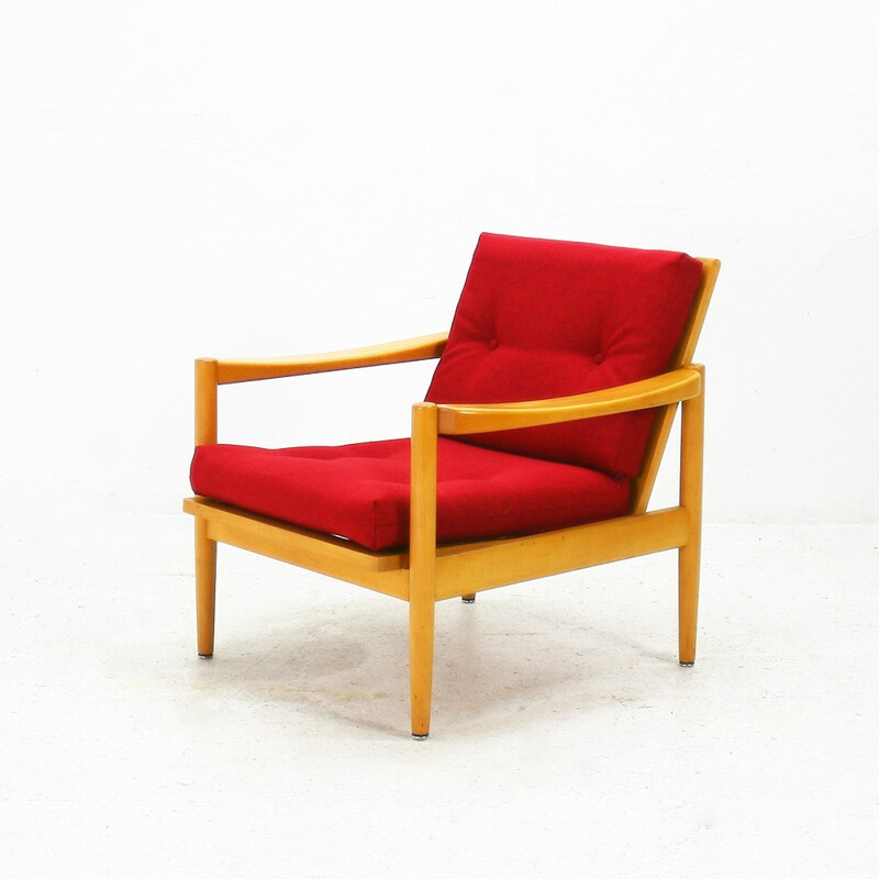 Reupholstered easy chair in beech and red fabric - 1970s