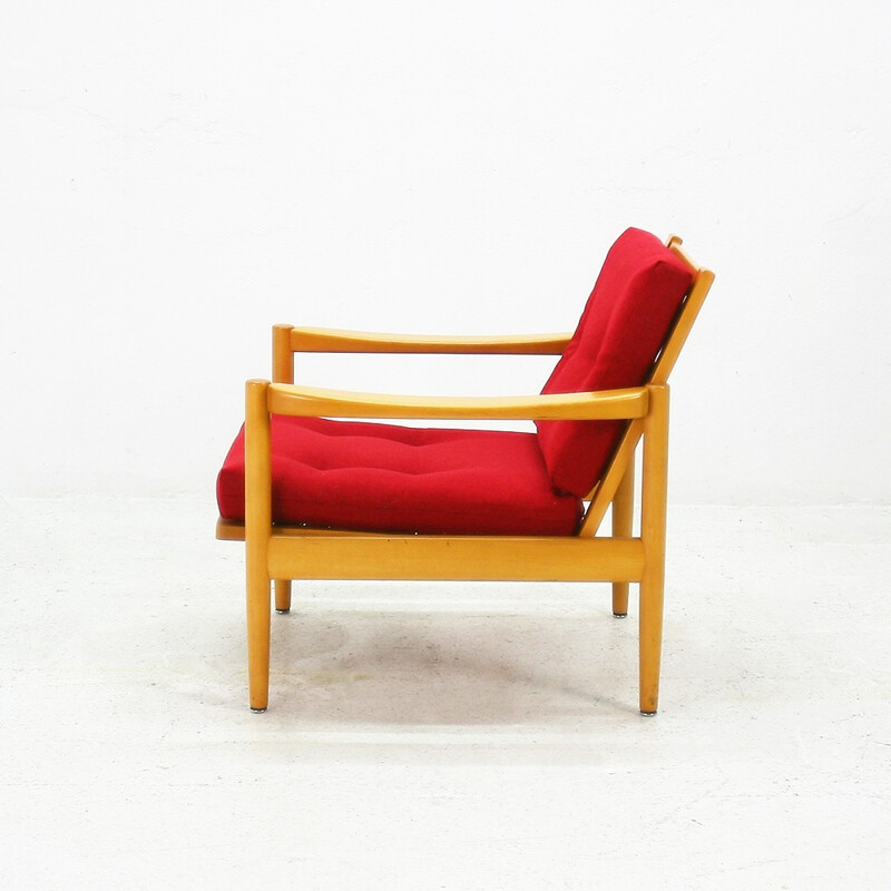 Reupholstered easy chair in beech and red fabric - 1970s