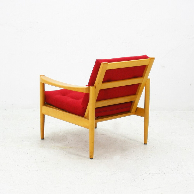 Reupholstered easy chair in beech and red fabric - 1970s