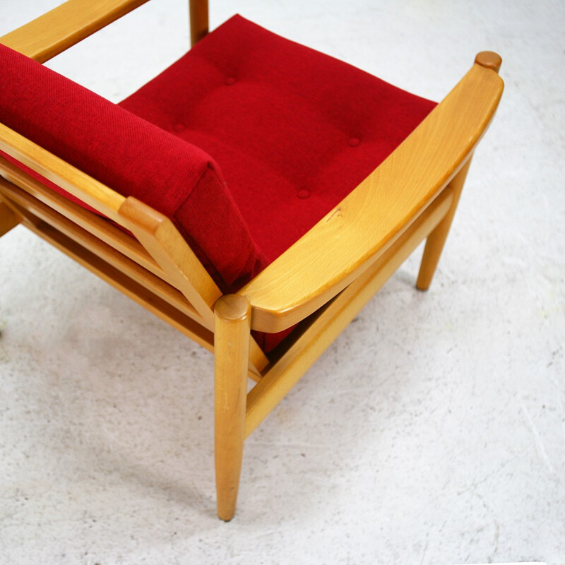 Reupholstered easy chair in beech and red fabric - 1970s