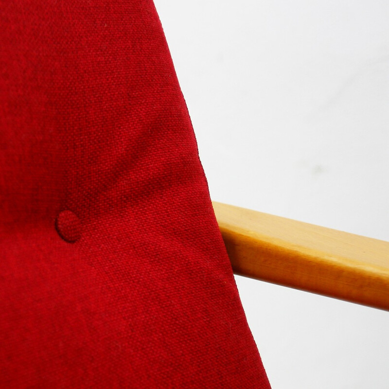 Reupholstered easy chair in beech and red fabric - 1970s