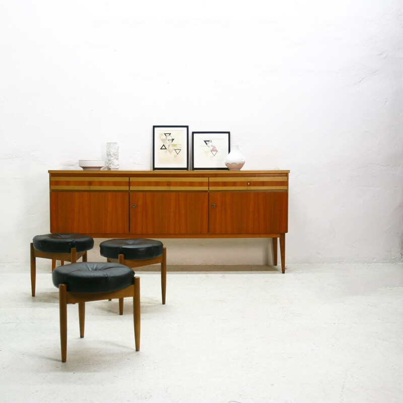 Set of 3 stools in beech and black leather - 1960s