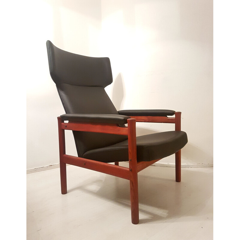 Sedia ad ala vintage in teak e pelle di Hansen Soren per Fritz Hansen, Danimarca 1960