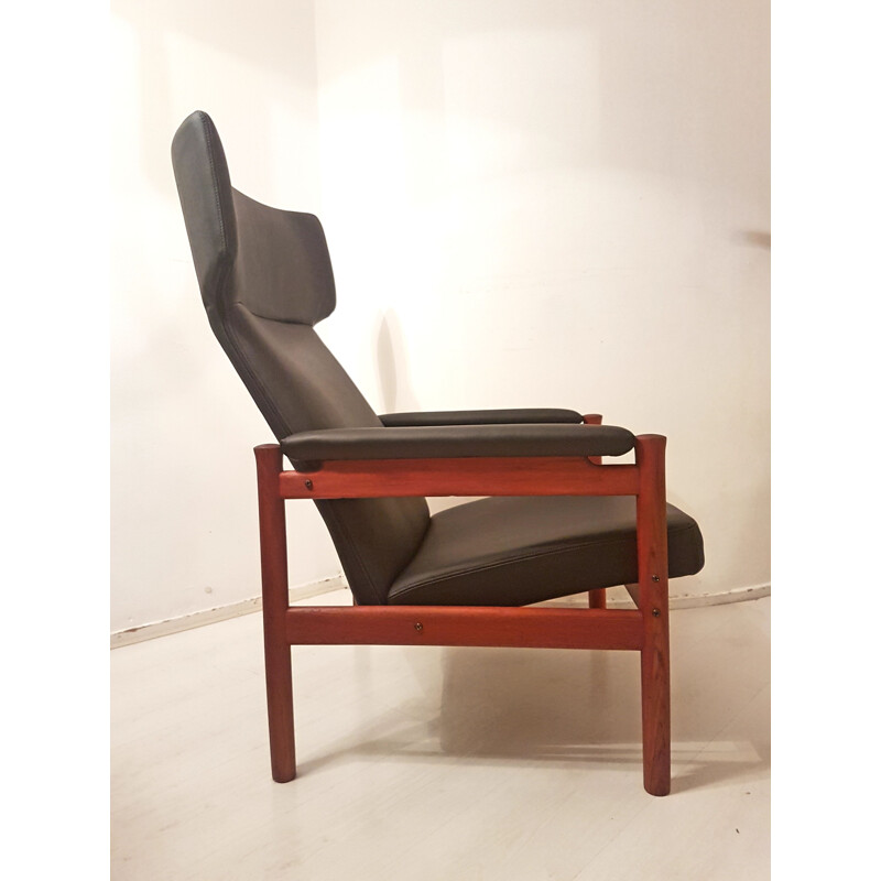 Sedia ad ala vintage in teak e pelle di Hansen Soren per Fritz Hansen, Danimarca 1960