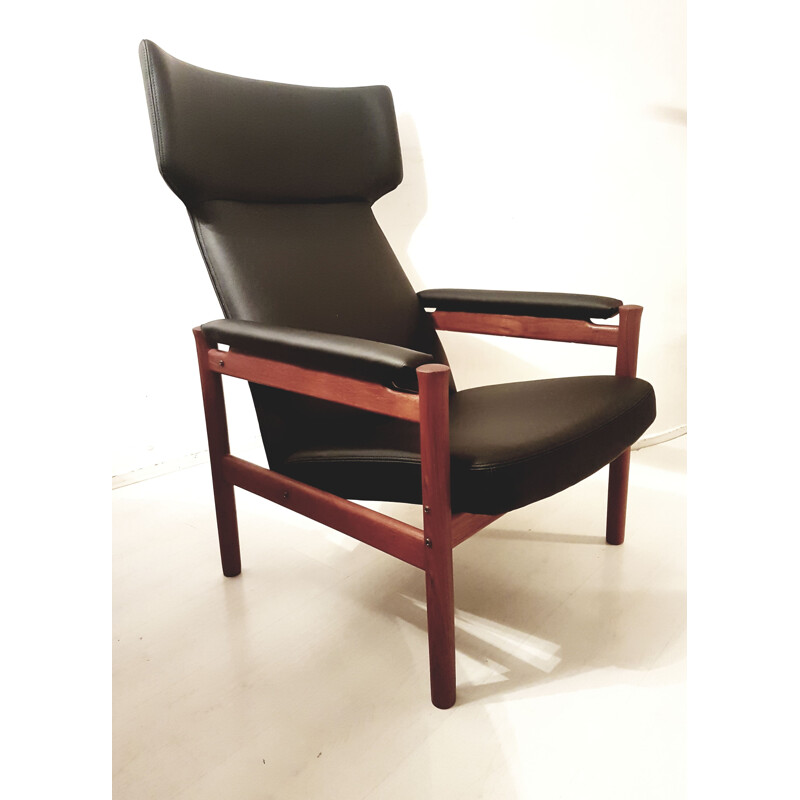 Vintage teak and leather wing chair by Hansen Soren for Fritz Hansen, Denmark 1960