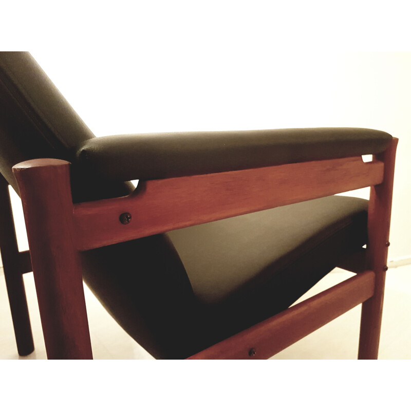 Teca Vintage e cadeira de couro de Hansen Soren para Fritz Hansen, Dinamarca 1960