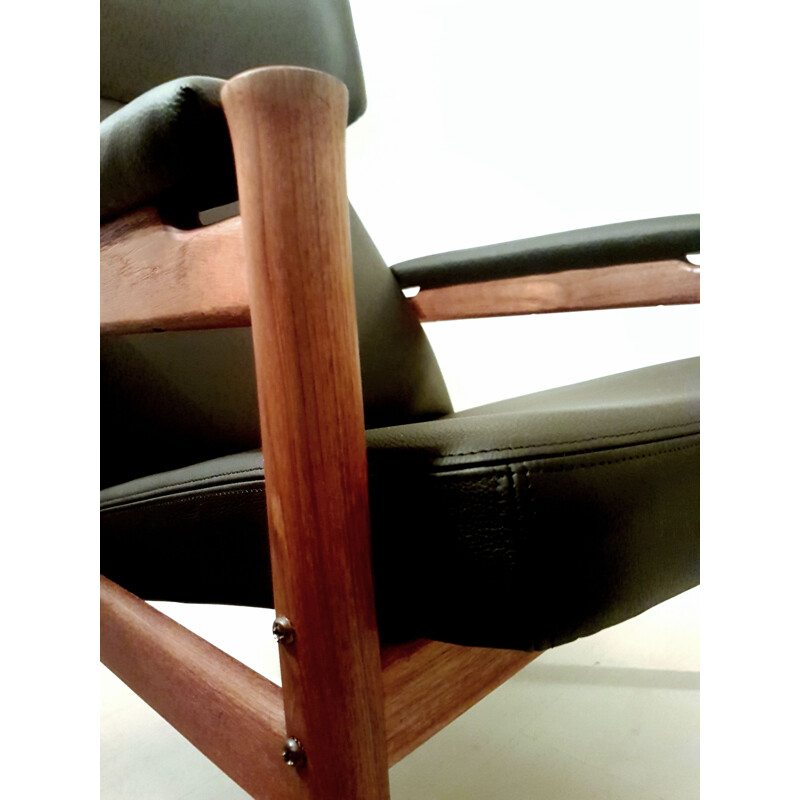 Vintage teak and leather wing chair by Hansen Soren for Fritz Hansen, Denmark 1960