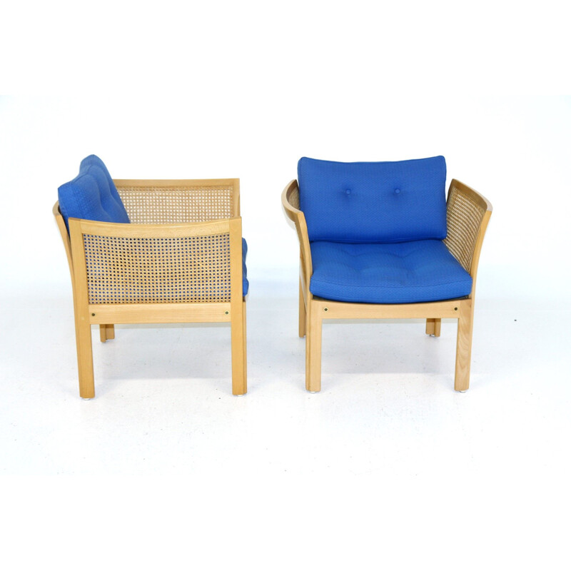 Pair of vintage beech and rattan armchairs by Illum Wikkelso, 1980