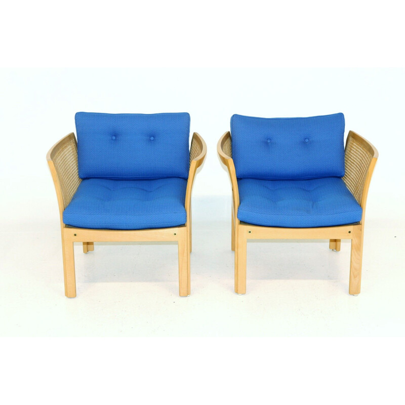 Pair of vintage beech and rattan armchairs by Illum Wikkelso, 1980