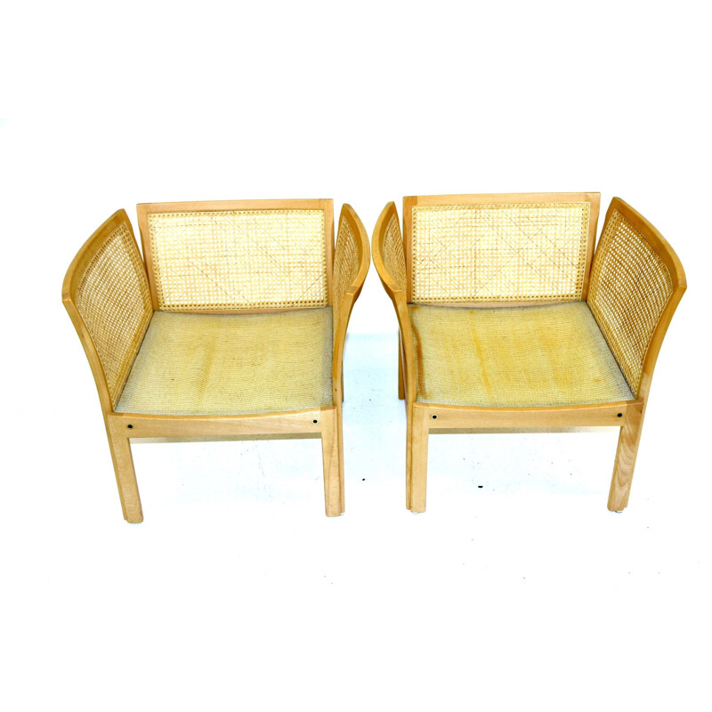 Pair of vintage beech and rattan armchairs by Illum Wikkelso, 1980