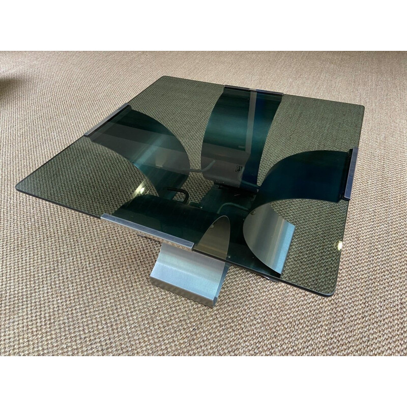 Square vintage coffee table in smoked glass and stainless steel by François Monnet, 1975