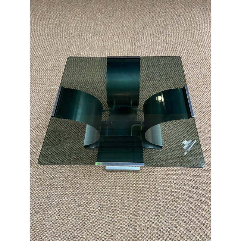 Square vintage coffee table in smoked glass and stainless steel by François Monnet, 1975