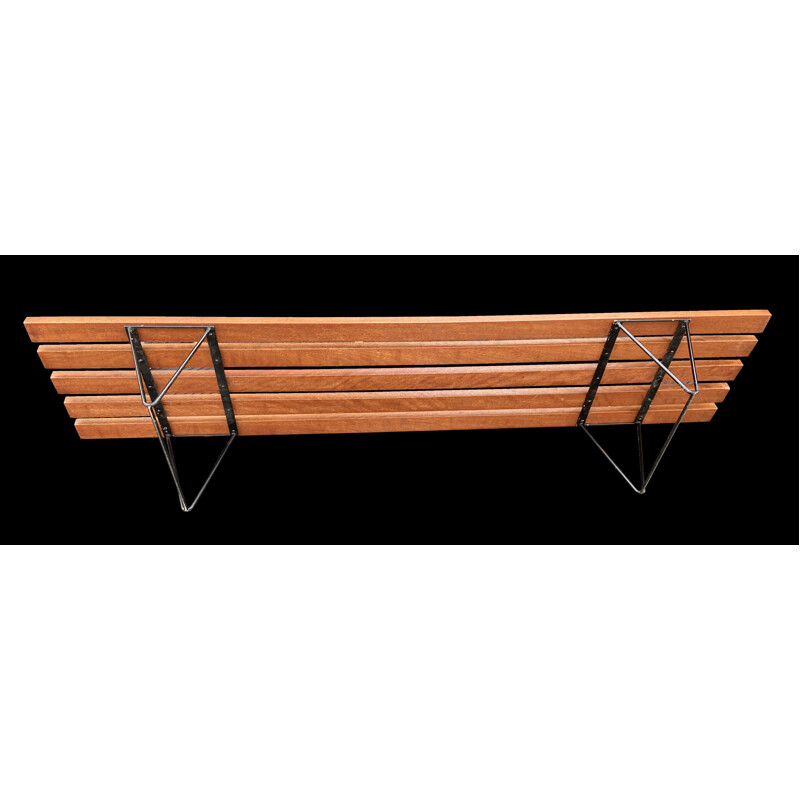 Vintage slatted bench on metal legs, 1950s