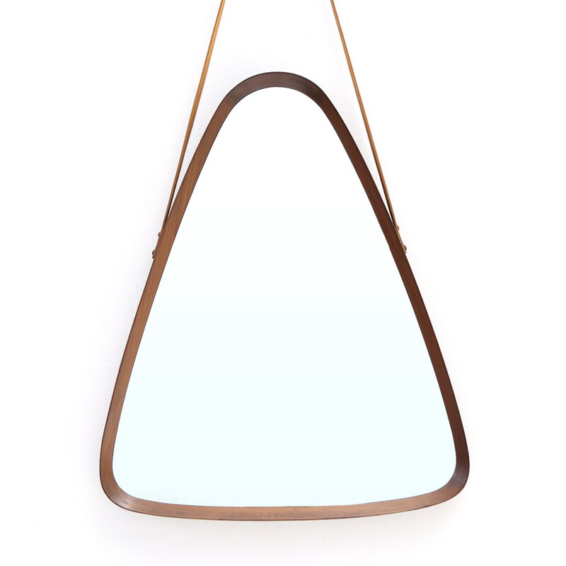 Triangular vintage mirror with wooden frame and leather cord, 1960s