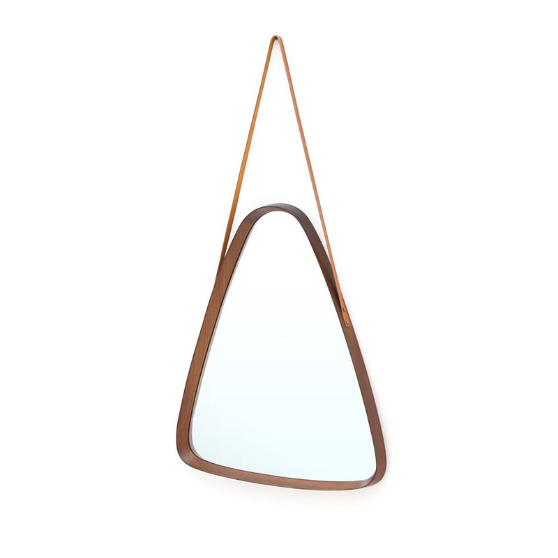 Triangular vintage mirror with wooden frame and leather cord, 1960s