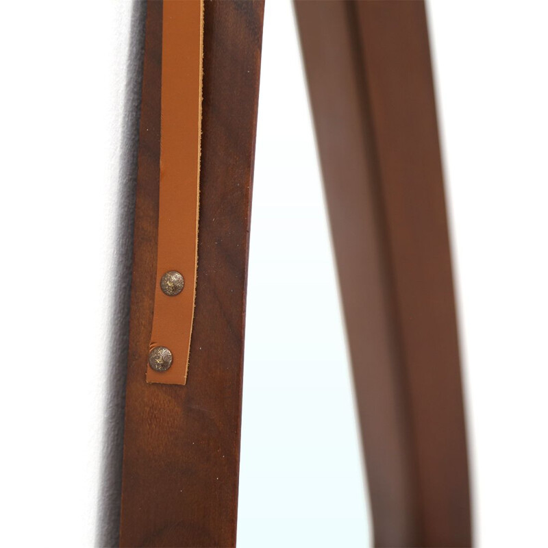 Triangular vintage mirror with wooden frame and leather cord, 1960s