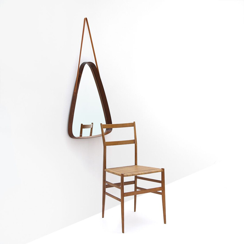 Triangular vintage mirror with wooden frame and leather cord, 1960s