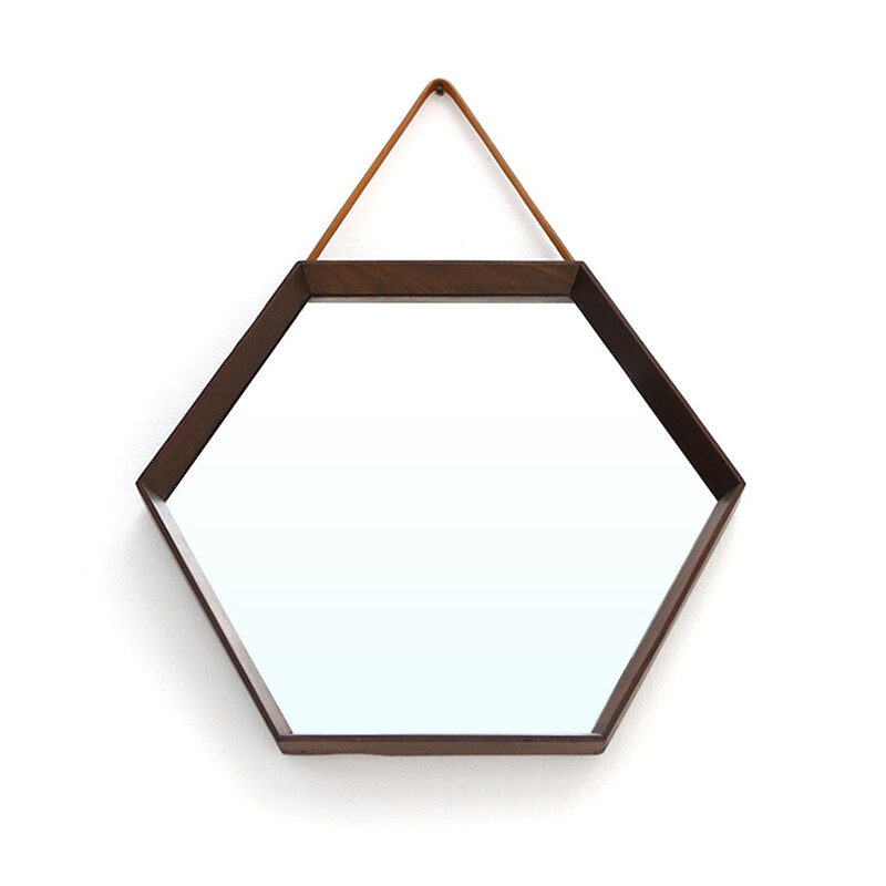 Miroir vintage hexagonal avec cadre en bois et cordon en cuir, 1960
