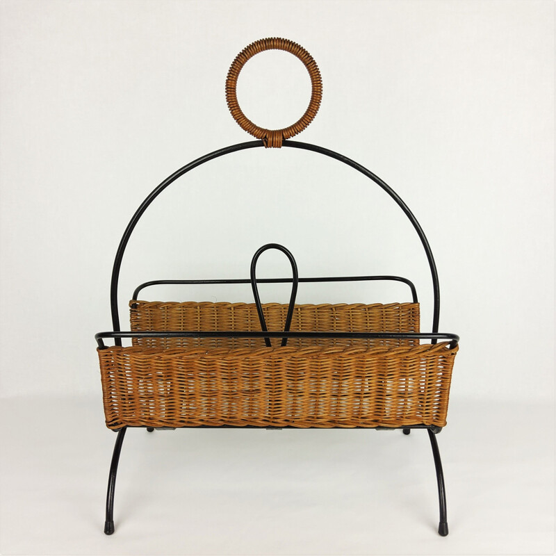 Vintage metal and rattan magazine rack, 1960