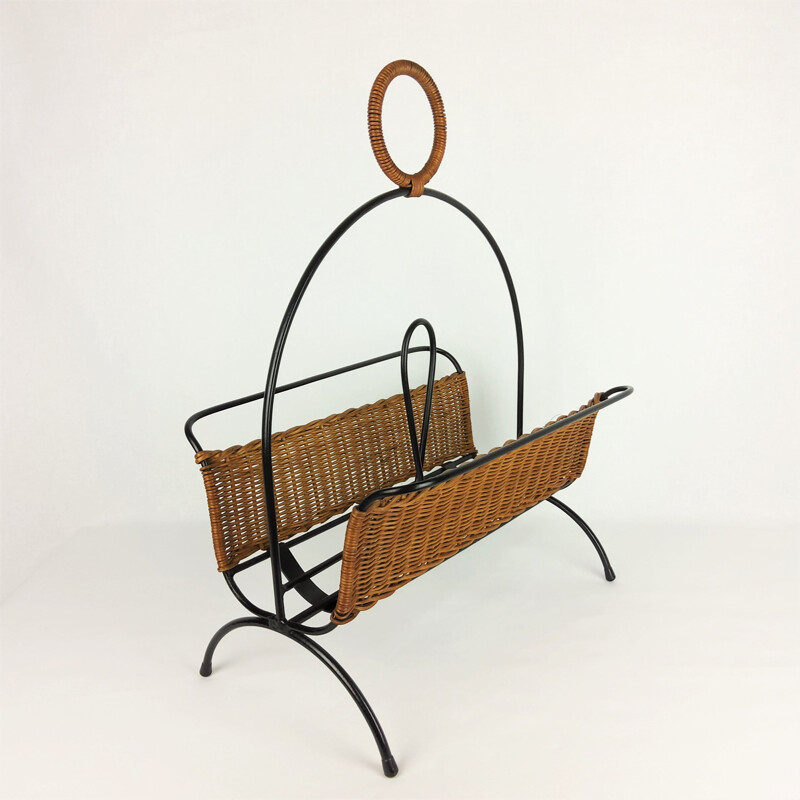 Vintage metal and rattan magazine rack, 1960