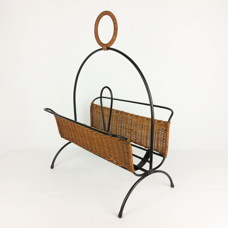 Vintage metal and rattan magazine rack, 1960