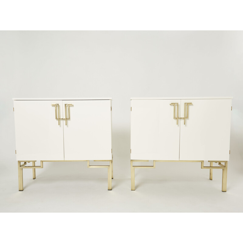 Coppia di mobili bar vintage in ottone bianco di Guy Lefèvre per Maison Jansen, 1970