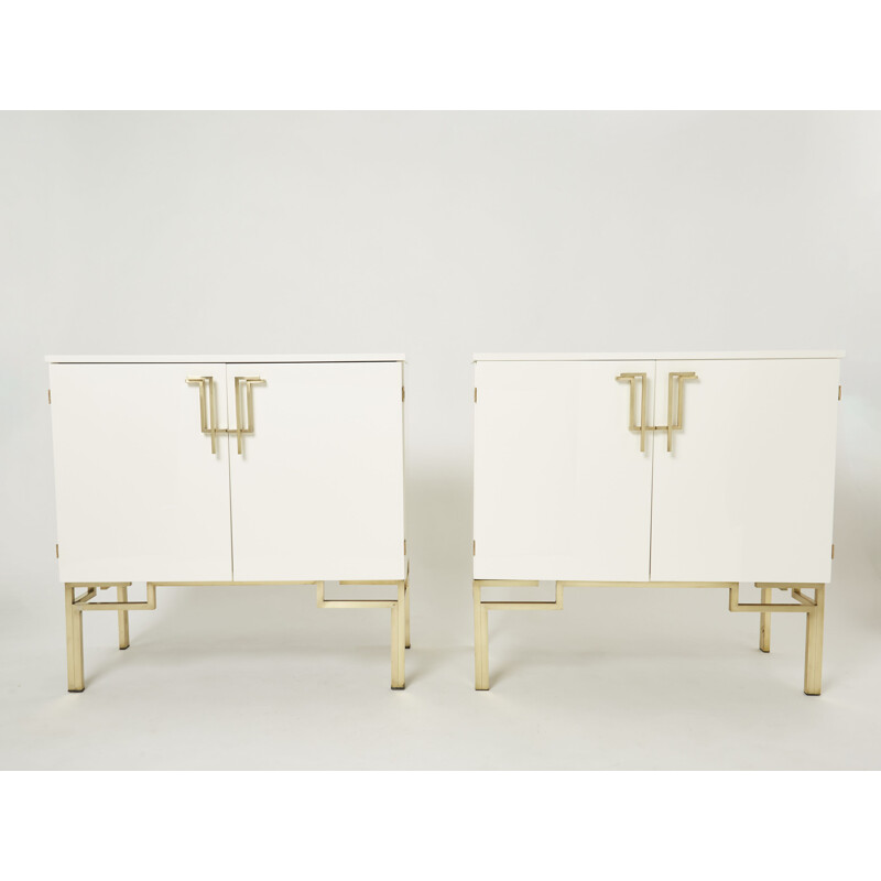 Pair of vintage white brass bar cabinets by Guy Lefèvre for Maison Jansen, 1970