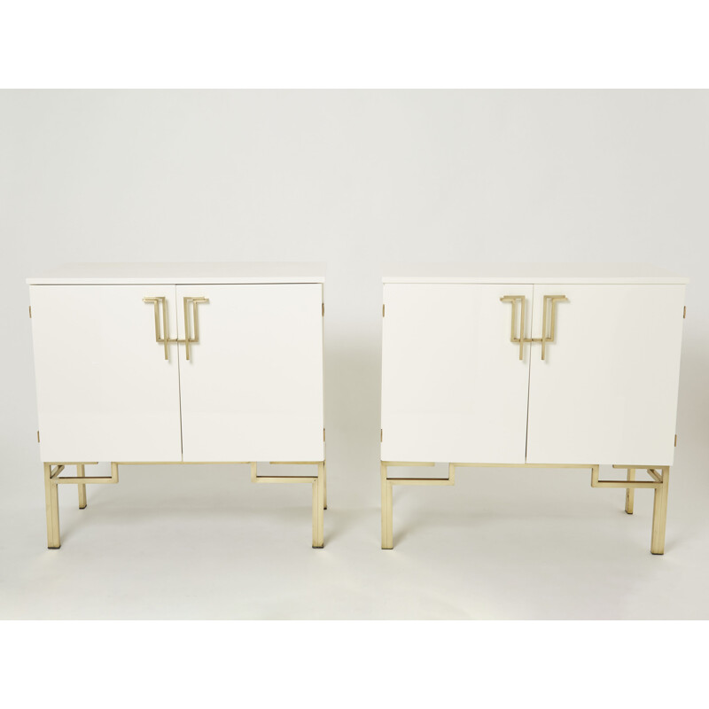 Coppia di mobili bar vintage in ottone bianco di Guy Lefèvre per Maison Jansen, 1970